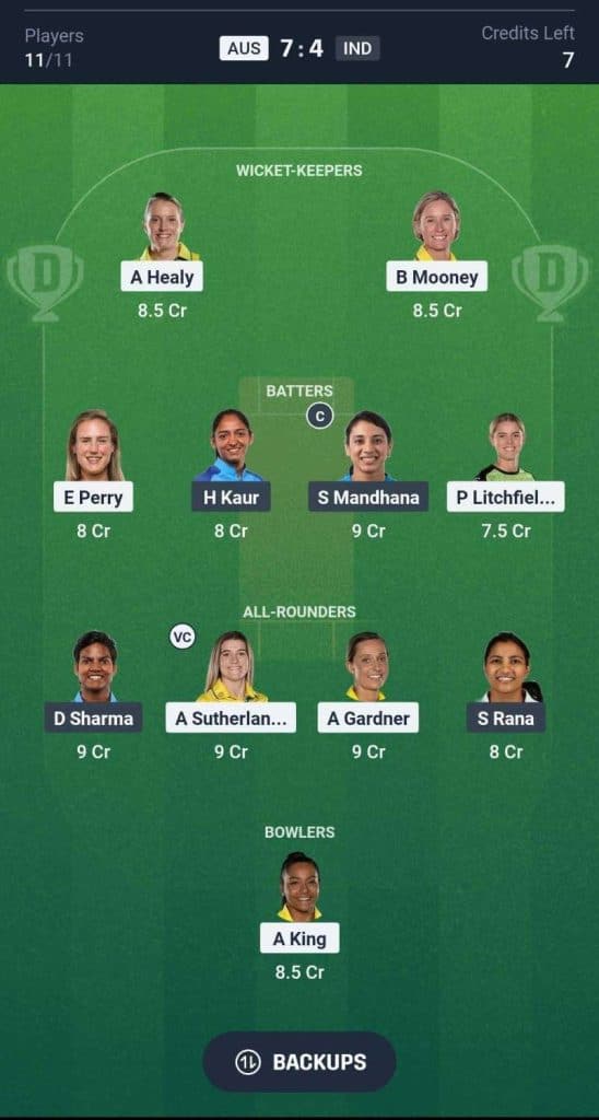 AUS-W vs IND-W Semi Final 2 Dream11 team